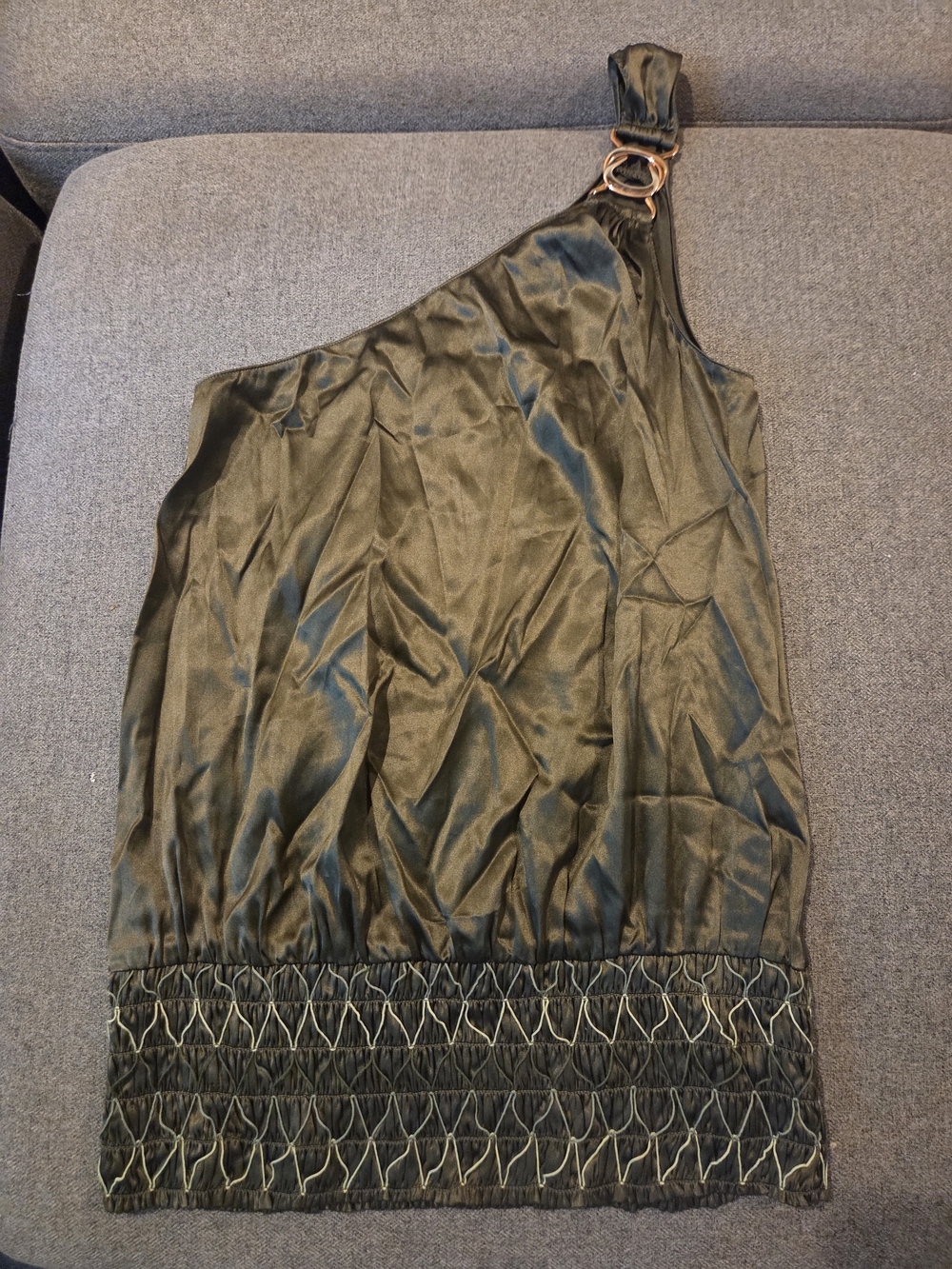 Vintage Arden B One-Shoulder Olive Green Silk Top with Smocked Hem